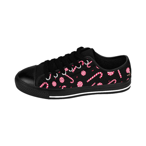Black Red White Candy Cane Christmas Print Men's Low Top Sneakers Shoes(US Size: 14)-Men's Low Top Sneakers-Black-US 9-Heidi Kimura Art LLC Candy Cane Men's Low Tops, Black Red White Candy Cane Christmas Holiday Print Men's Low Top Nylon Canvas Sneakers Fashion Running Tennis Shoes (US Size: 7-14)