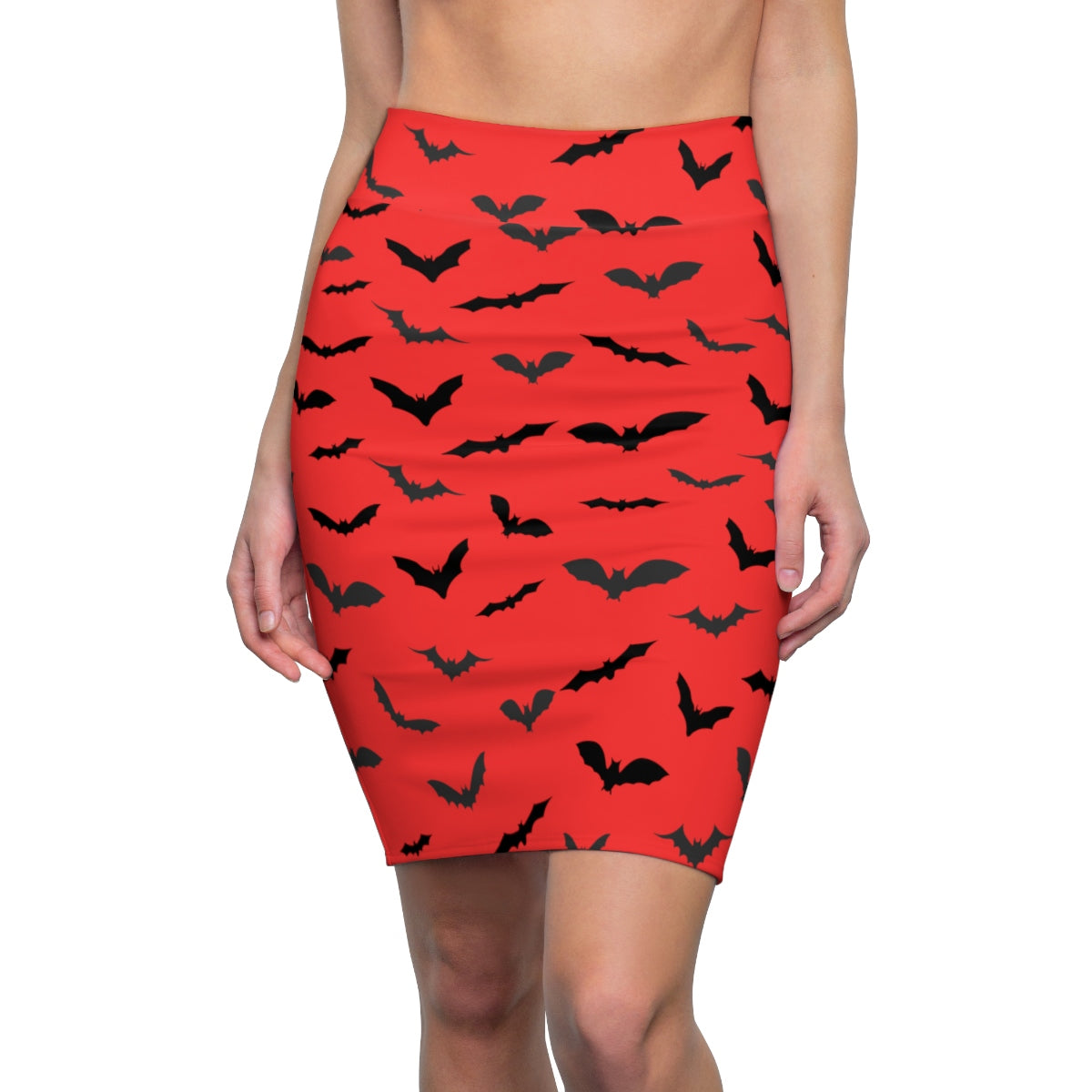 Red Black Halloween Bats Print Women's Pencil Skirt- Made in USA (US Size: XS-2XL)-Pencil Skirt-L-4 oz.-Heidi Kimura Art LLC