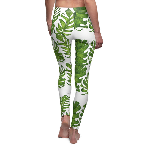White And Green Tropical Leaf Print Women's Dressy Long Casual Leggings- Made in USA-Casual Leggings-Heidi Kimura Art LLC