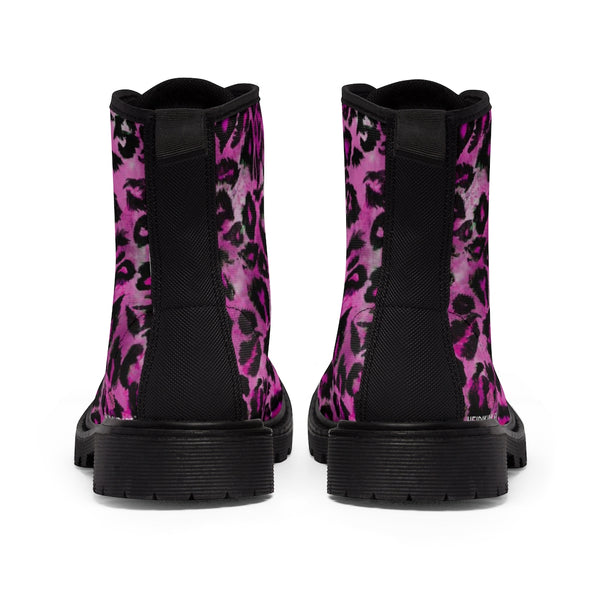 Pink Leopard Women's Canvas Boots, Best Leopard Animal Print Winter Boots For Ladies
