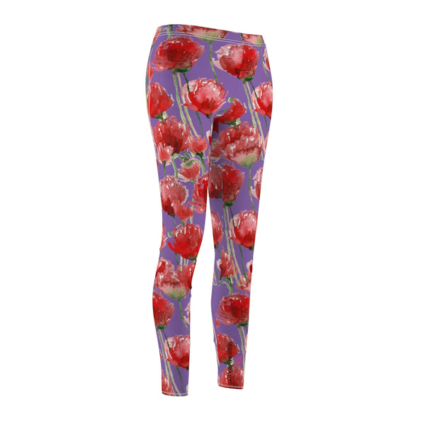 Purple Poppy Floral Casual Tights, Best Women's Floral Casual Leggings