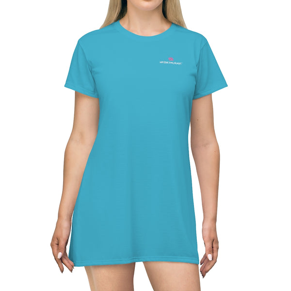 Blue T-Shirt Dress, Solid Color Oversized Best Modern Minimalist Print Crewneck Women's Long T-Shirt Dress For Women - Made in USA (US Size: XS-2XL)