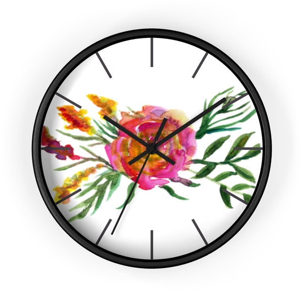 Pink Rose Watercolor Floral Print 10 inch Diameter Flower Wall Clock - Made in USA-Wall Clock-Black-Black-Heidi Kimura Art LLC