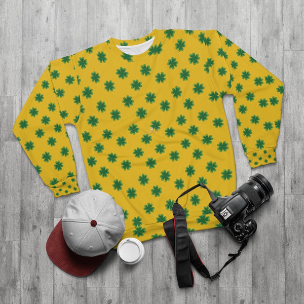Yellow St. Patrick's Day Green Clover Print Unisex Couple's Designer Sweatshirt- Made in USA-Unisex Sweatshirt-Heidi Kimura Art LLC