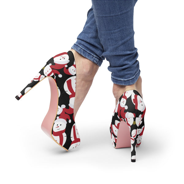 Black Red White Christmas Snowman Print Festive Xmas Women's Platform Heels Shoes-4 inch Heels-Heidi Kimura Art LLC