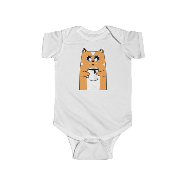 Orange Cat Loves Coffee Infant Fine Jersey Regular Fit Unisex Bodysuit - Made in UK-Infant Short Sleeve Bodysuit-White-NB-Heidi Kimura Art LLC