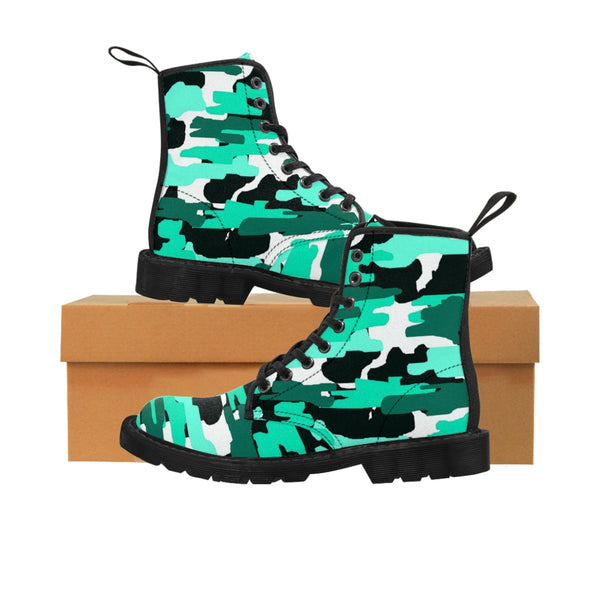 Aqua Blue Camo Men's Boots, Camouflage Camo Military Combat Work Hunting Boots, Anti Heat + Moisture Designer Men's Winter Boots Hiking Shoes (US Size: 7-10.5)