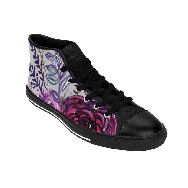 Light Gray Purple Rose Floral Print Designer Men's High-top Sneakers Tennis Shoes-Men's High Top Sneakers-Heidi Kimura Art LLC