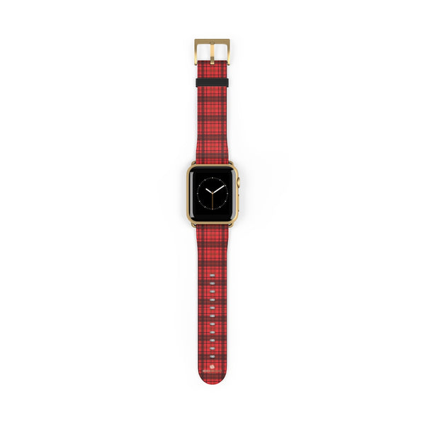 Scottish Red Tartan Plaid Print 38mm/42mm Watch Band For Apple Watch- Made in USA-Watch Band-38 mm-Gold Matte-Heidi Kimura Art LLC
