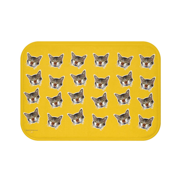 Yellow Cat Print Bath Mat, Bright Calico Cat Premium Microfiber Bath Rug- Printed in USA-Bath Mat-Small 24x17-Heidi Kimura Art LLC