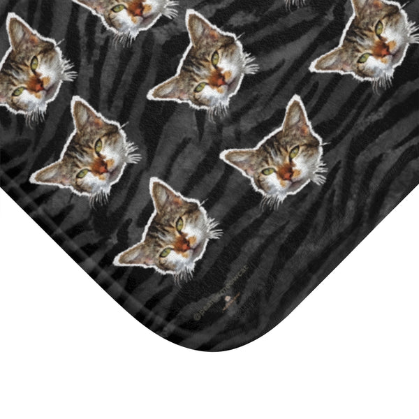 Gray Tiger Cat Print Bath Mats, Striped Calico Cat Print Premium Bath Rug- Printed in USA-Bath Mat-Heidi Kimura Art LLC