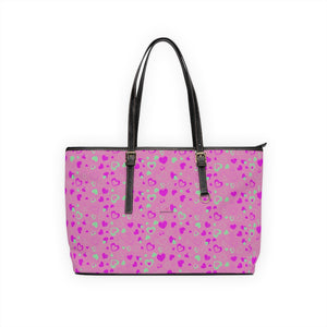 Pink Hearts Print Tote Bag, PU Leather Shoulder Hand Work Bag