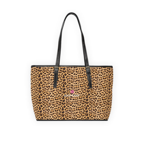 Brown Leopard Print Tote Bag, Best Stylish Leopard Animal Printed PU Leather Shoulder Large Spacious Durable Hand Work Bag 17"x11"/ 16"x10" With Gold-Color Zippers & Buckles & Mobile Phone Slots & Inner Pockets, All Day Large Tote Luxury Best Sleek and Sophisticated Cute Work Shoulder Bag For Women With Outside And Inner Zippers
