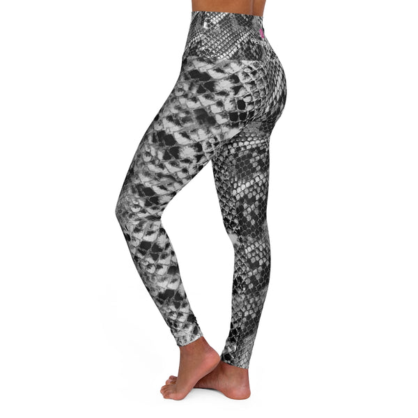 Black Snakeskin Print Tights, Reptile Python Print Modern Best Ladies High Waisted Skinny Fit Yoga Leggings With Double Layer Elastic Comfortable Waistband, Premium Quality Best Stretchy Long Yoga Pants For Women-Made in USA
