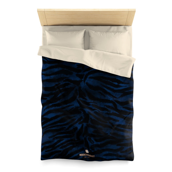Blue Tiger Stripe Duvet Cover, Animal Print Queen/Twin Size Microfiber Cover-Made in USA-Duvet Cover-Twin-Cream-Heidi Kimura Art LLC