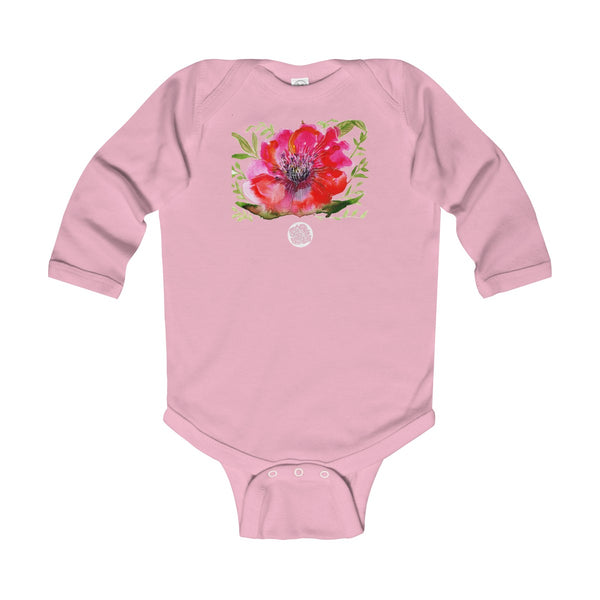 Red Hibiscus Floral Cute Infant Long Sleeve Bodysuit - Made in UK (UK Size: 6M-24M)-Kids clothes-Pink-12M-Heidi Kimura Art LLC