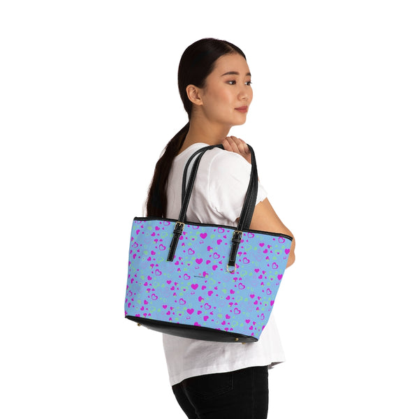 Blue Pink Hearts Tote Bag, PU Leather Shoulder Hand Work Bag