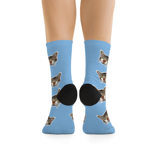 Light Blue Cat Print Socks, Premium Cute Calico Cat 1-Size Knit Premium Socks- Made in USA-Socks-One size-Heidi Kimura Art LLC