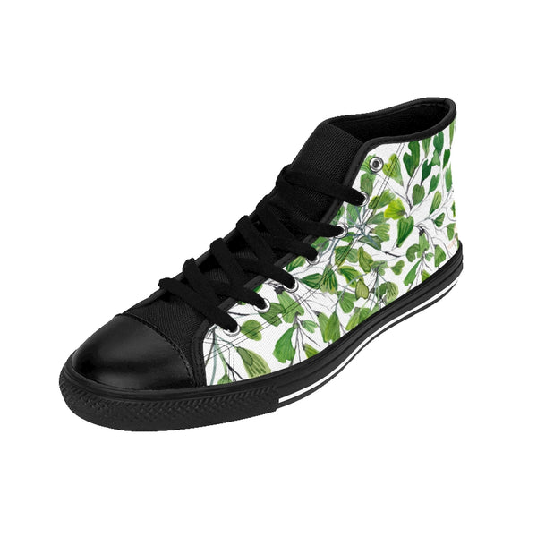 Fern Men's High-top Sneakers, White Green Cute Maidenhair Leaf Print Designer Men's High-top Sneakers Running Tennis Shoes, Fern Leaves Designer High Tops, Mens Floral Shoes, Tropical Leaf Print Sneakers (US Size: 6-14)