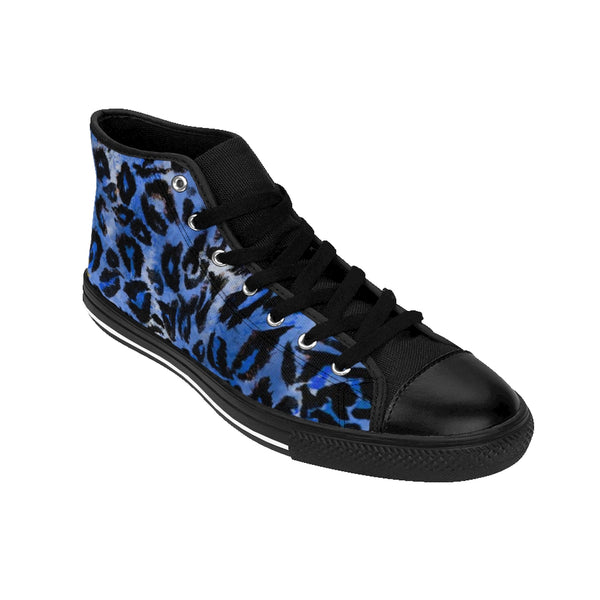 Blue Leopard Animal Print Premium Men's High-top Fashion Sneakers Tennis Shoes-Men's High Top Sneakers-Heidi Kimura Art LLC