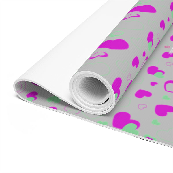 Grey Hearts Foam Yoga Mat, Grey and Pink Hearts Pattern Valentine's Day Special Best Fashion Stylish Lightweight 0.25" thick Best Designer Gym or Exercise Sports Athletic Yoga Mat Workout Equipment - Printed in USA (Size: 24″x72")