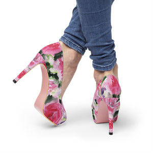 Pink Floral Print Women's Heels, Designer 4" Flower Platform Heels Pumps Shoes (US Size 5-11)-4 inch Heels-US 7-Heidi Kimura Art LLC