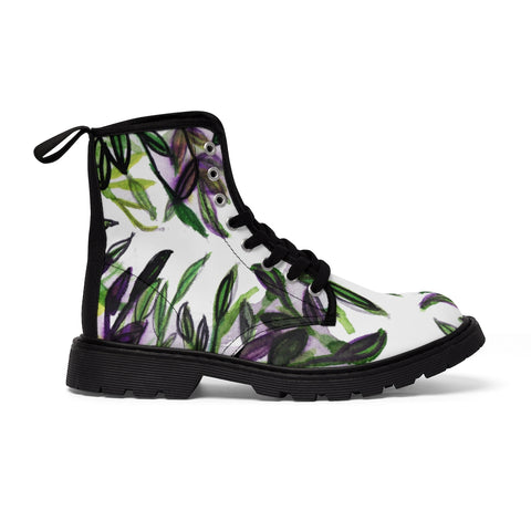 Purple Tropical Print Women's Boots, Hawaiian Style Designer Casual Fashion Gifts, Combat Boots, Designer Women's Winter Lace-up Toe Cap Hiking Boots Shoes For Women (US Size 6.5-11)