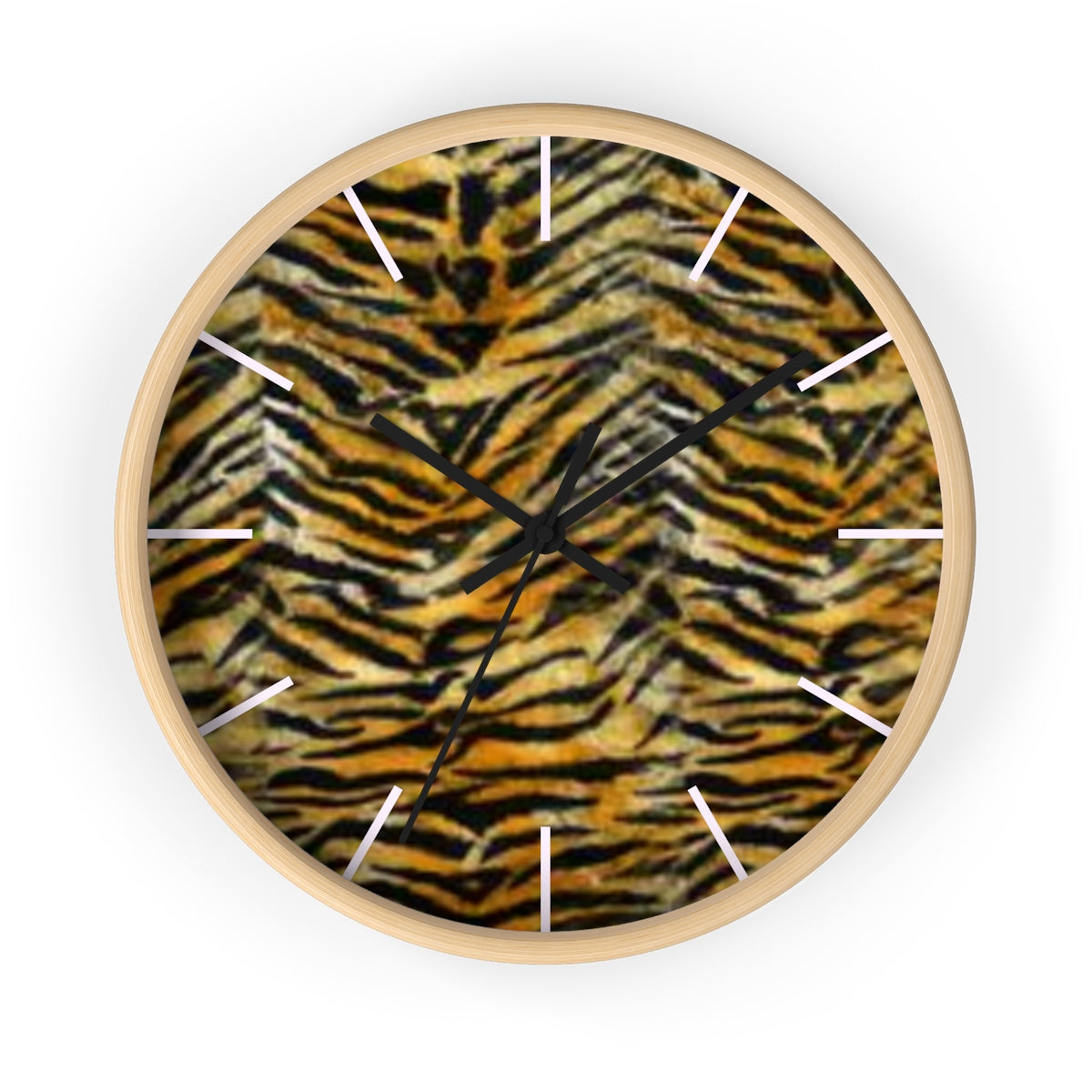 Orange Tiger Striped Wall Clock, Animal Faux Fur Print 10 in. Dia. Wall Clock-Made in USA-Wall Clock-Wooden-Black-Heidi Kimura Art LLC