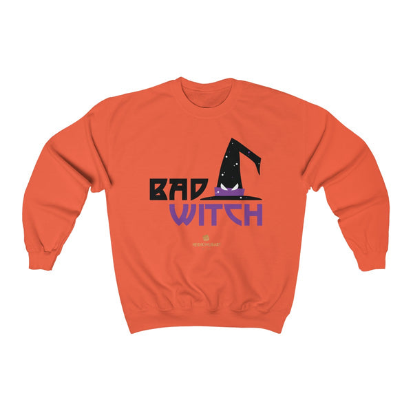Halloween Sweatshirt, Bad Witch Unisex Heavy Blend Crewneck Shirt-Made in USA (US Size: S-5XL)-Long-sleeve-Orange-S-Heidi Kimura Art LLC
