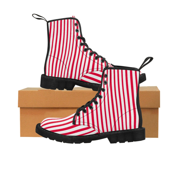 Red Striped Print Men's Boots, White Red Stripes Best Hiking Winter Boots Laced Up Shoes For Men-Shoes-Printify-Heidi Kimura Art LLC Red Striped Print Men's Boots, Red White Stripes Men's Canvas Hiking Winter Boots, Fashionable Modern Minimalist Best Anti Heat + Moisture Designer Comfortable Stylish Men's Winter Hiking Boots Shoes For Men (US Size: 7-10.5)