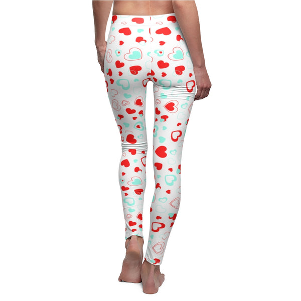 White Red Hearts Valentines Print Women's Dressy Long Casual Leggings- Made in USA-All Over Prints-Heidi Kimura Art LLC