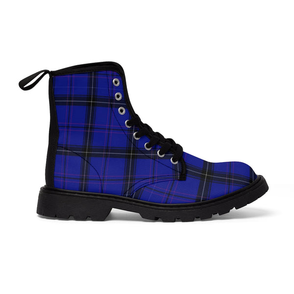 Blue Plaid Print Men's Boots, Preppy Plaid Tartan Print Designer Men's Lace-Up Winter Boots Men's Shoes (US Size: 7-10.5)