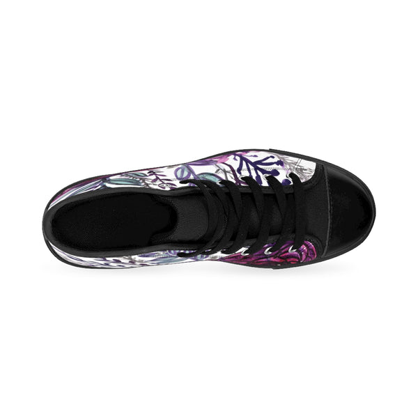 White Purple Rose Floral Print Designer Men's High-top Sneakers Tennis Shoes-Men's High Top Sneakers-Heidi Kimura Art LLC