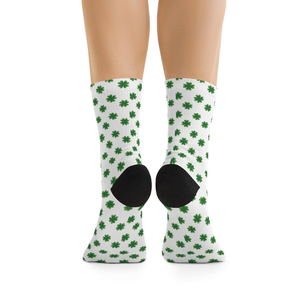 White Green St. Patrick's Day Clover Print Unisex Premium One Size Socks- Printed in USA-Socks-One size-Heidi Kimura Art LLC