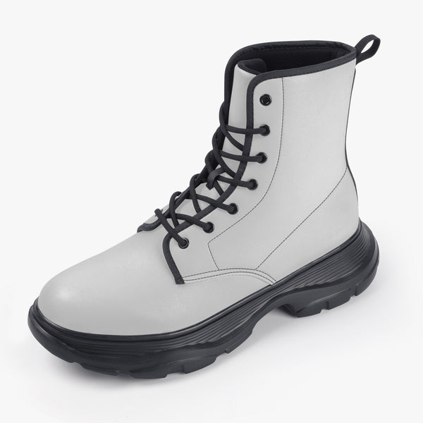 White Solid Color Winter Boots, Unisex Casual Leather Chunky Boots