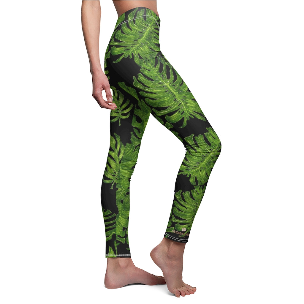 Green Tropical Leaf Tights, Black Women's Dressy Long Casual Leggings -  Made in USA