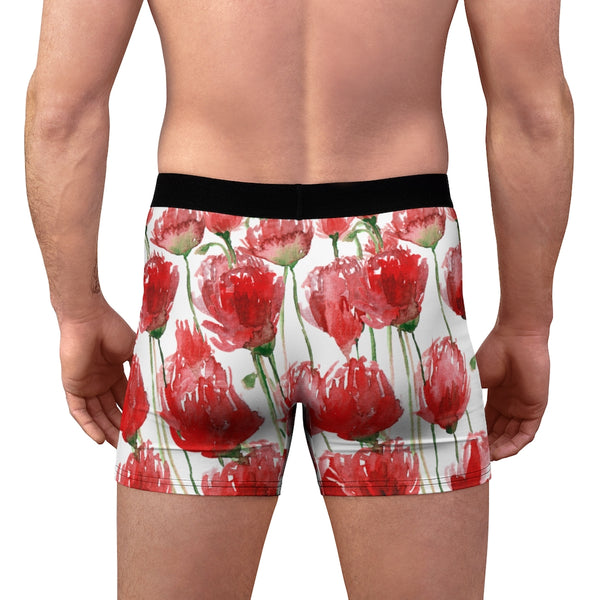 Red Poppy Floral Men's Underwear, Designer Flower Print Printed Best Underwear For Men Sexy Hot Men's Boxer Briefs Hipster Lightweight 2-sided Soft Fleece Lined Fit Underwear - (US Size: XS-3XL)