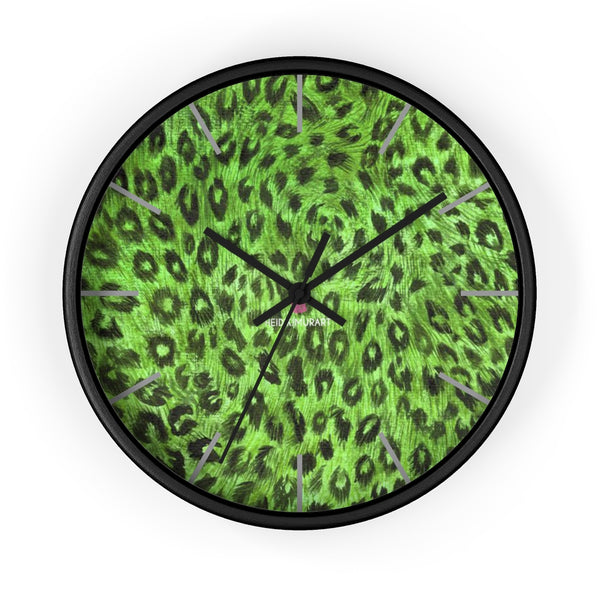 Green Leopard Print Wall Clock,  Numeric 10 inch Diameter Wall Clock, Large Round Wood Girl Children Bedroom Wall Clock