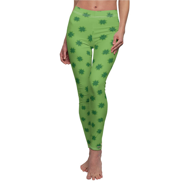 Light Green St. Patrick's Day Green Clover Print Women's Long Casual Leggings- Made in USA-Casual Leggings-Heidi Kimura Art LLC