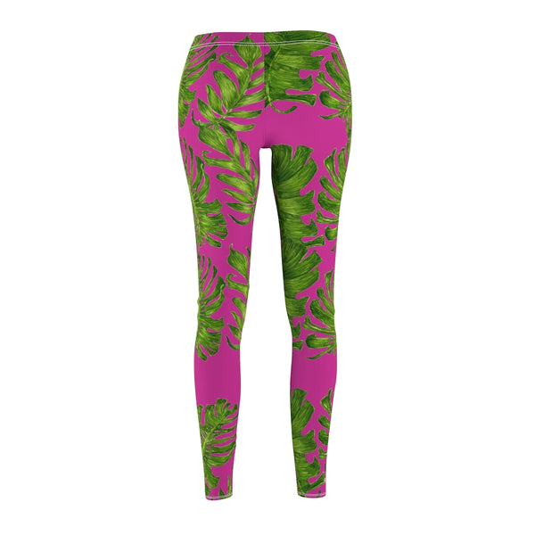Hot Pink Green Tropical Leaf Print Women's Dressy Long Casual Leggings- Made in USA-Casual Leggings-Heidi Kimura Art LLC