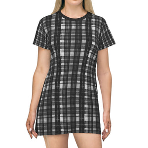 Black Tartan Print T-Shirt Dress, Gray Plaid Print Crew Neck Women's Dress- Made in USA-T-Shirt Dress-L-Heidi Kimura Art LLC