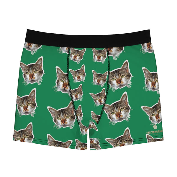 Green Cat Print Men's Underwear, Cute Cat Boxer Briefs For Men, Sexy Hot Men's Boxer Briefs Hipster Lightweight 2-sided Soft Fleece Lined Fit Underwear - (US Size: XS-3XL) Cat Boxers For Men/ Guys, Men's Boxer Briefs Cute Cat Print Underwear