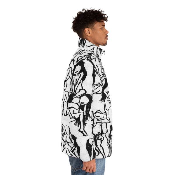 White Nude Art Men's Jacket, Best Regular Fit Polyester Men's Puffer Jacket With Stand Up Collar (US Size: S-2XL)