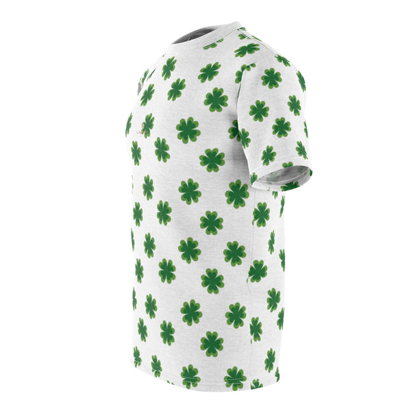 White Green Clover St. Patrick's Day Print Unisex Crew Neck Cut & Sew Tee- Made in USA-Unisex T-Shirt-Heidi Kimura Art LLC