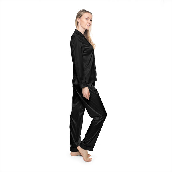 Black Color Women's Satin Pajamas, Luxury Premium Solid Color Lougewear For Women