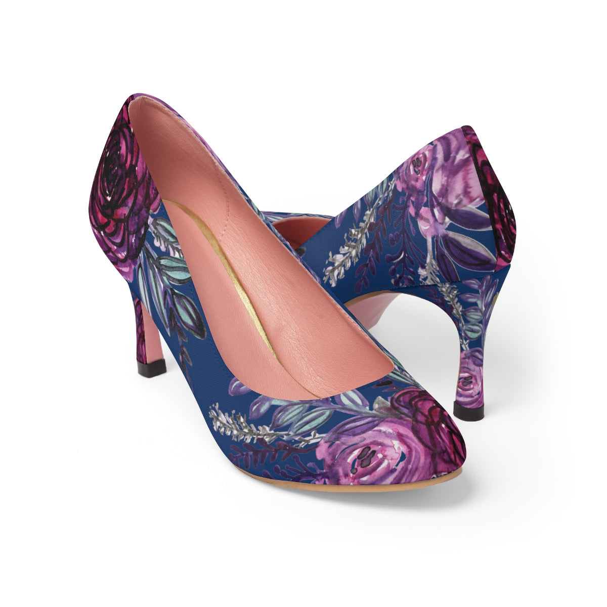 Royal Blue Classy Purple Rose Floral Print Designer Women's High Heels (US Size: 5-11)-3 inch Heels-Pink-US 7-Heidi Kimura Art LLC
