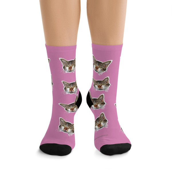 Pink Cat Print Socks, Designer Cute Calico Cat 1-Size Knit Premium Socks- Made in USA-Socks-One size-Heidi Kimura Art LLC