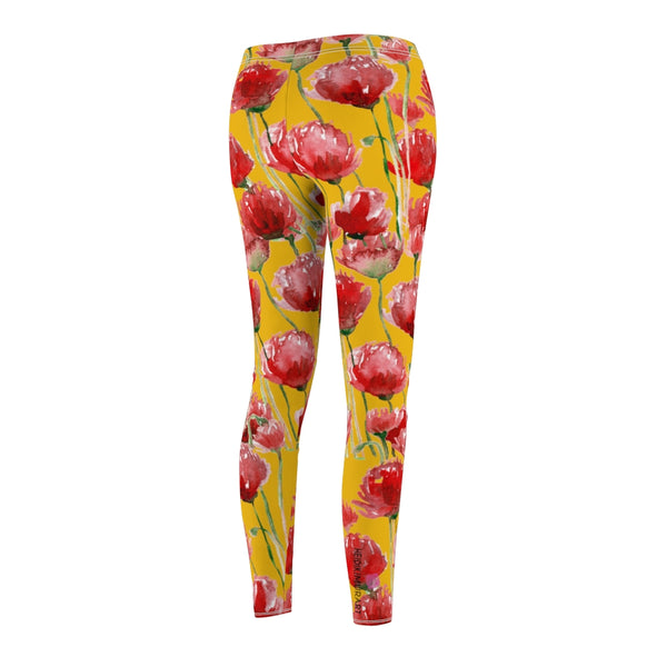 Yellow Poppy Floral Casual Tights, Women's Floral Casual Leggings
