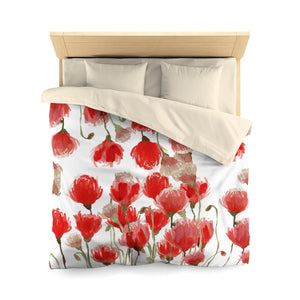 White Red Poppy Flower Floral Super Soft Polyester Microfiber Duvet Cover- Made in USA-Duvet Cover-Queen-Cream-Heidi Kimura Art LLC