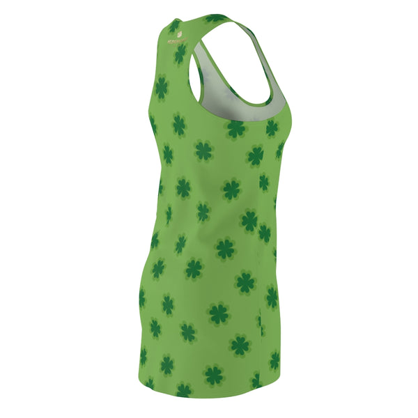 Light Green Clover Leaf Print St. Patty's Day Long Regular Fit Women's Racerback Dress-Made in USA-Women's Sleeveless Dress-Heidi Kimura Art LLC